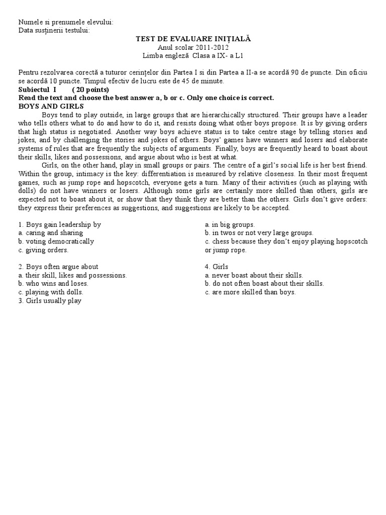 Test Initial Clasa A 9 A English | PDF | Ellipsis | Cognitive Science