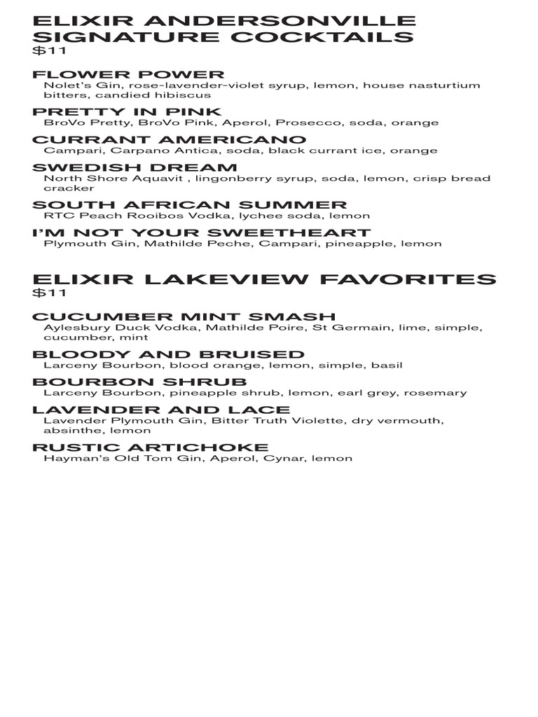 Elixir Beverage Menu
