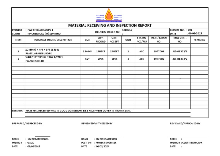 Material Receiving and Inspection Report | PDF