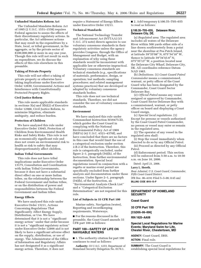 Rule Ports and Waterways Safety Regulated Navigation Areas, Safety Zones, Security Zones, Etc