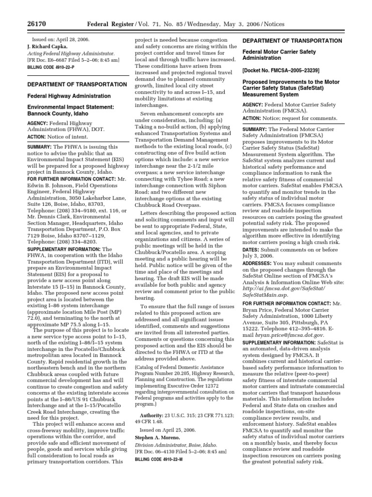 Notice Motor Carrier Safety Standards Motor Carrier Safety Status