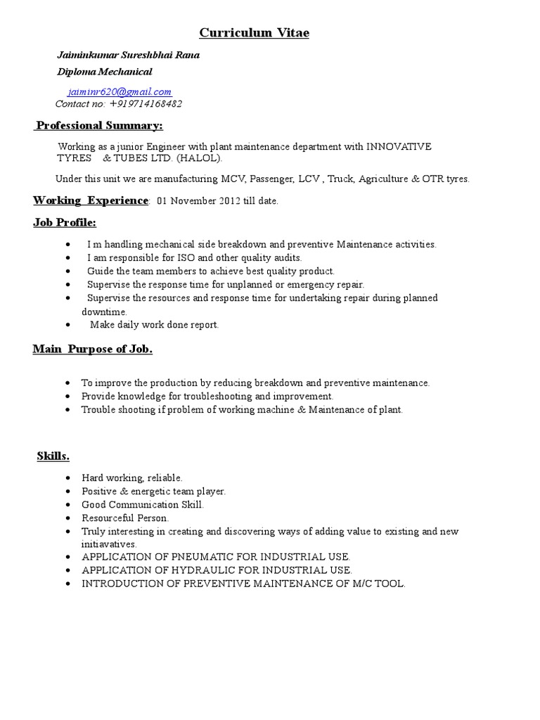 Mechanical Engineer CV - Jaimin Rana | PDF