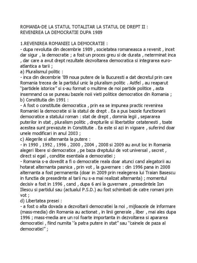 Romania De La Statul Totalitar La Statul De Drept Ii Revenirea La Democratie Dupa 1989