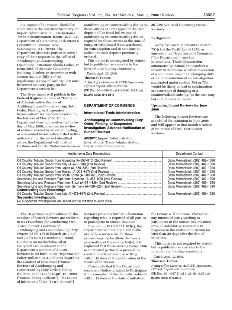 Notice: Antidumping and Countervailing Duties: Advance Notification ...