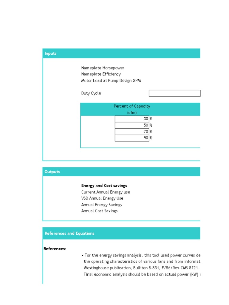 VSD Calculator for Pumps Energy and Cost Savings Analysis Tool PDF Horsepower Kilowatt Hour