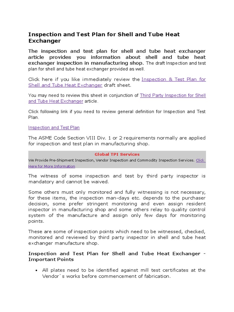 Inspection and Test Plan For Shell and Tube Heat Exchanger PDF