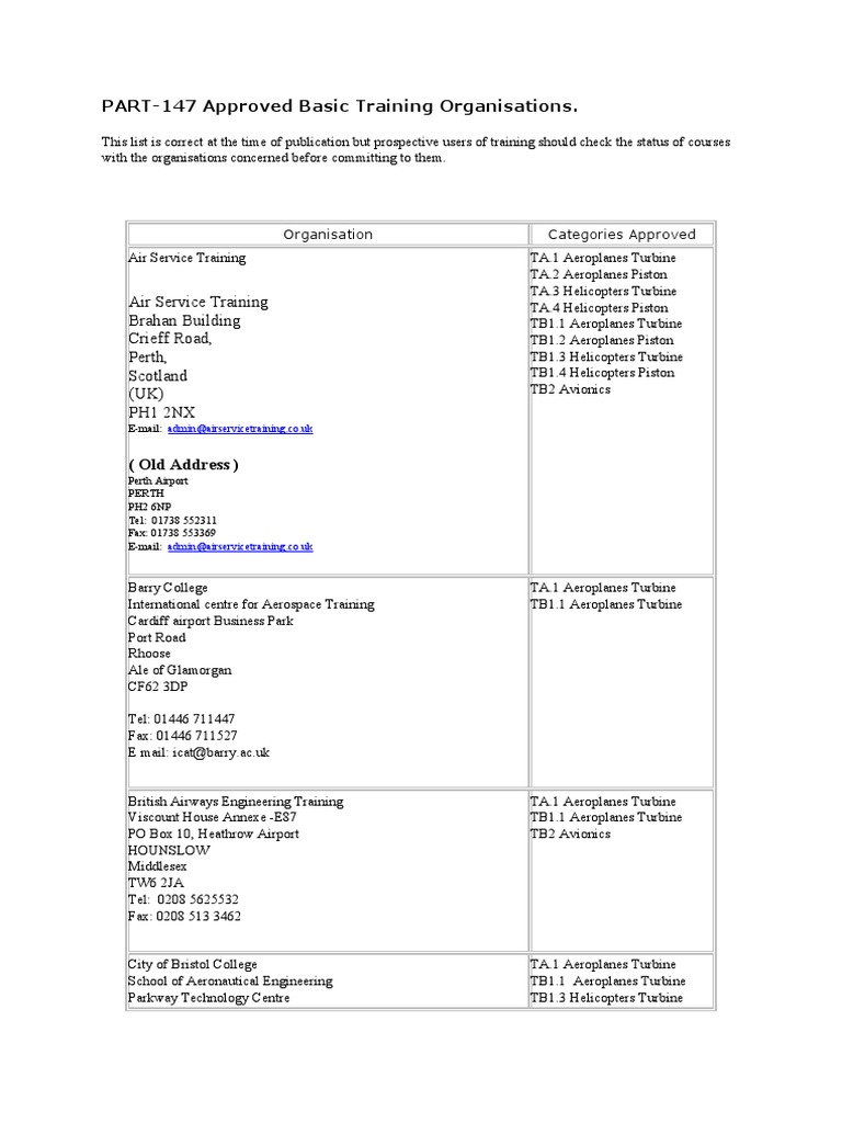 Approved Part-147 Training Organisations | PDF | Aeronautics ...