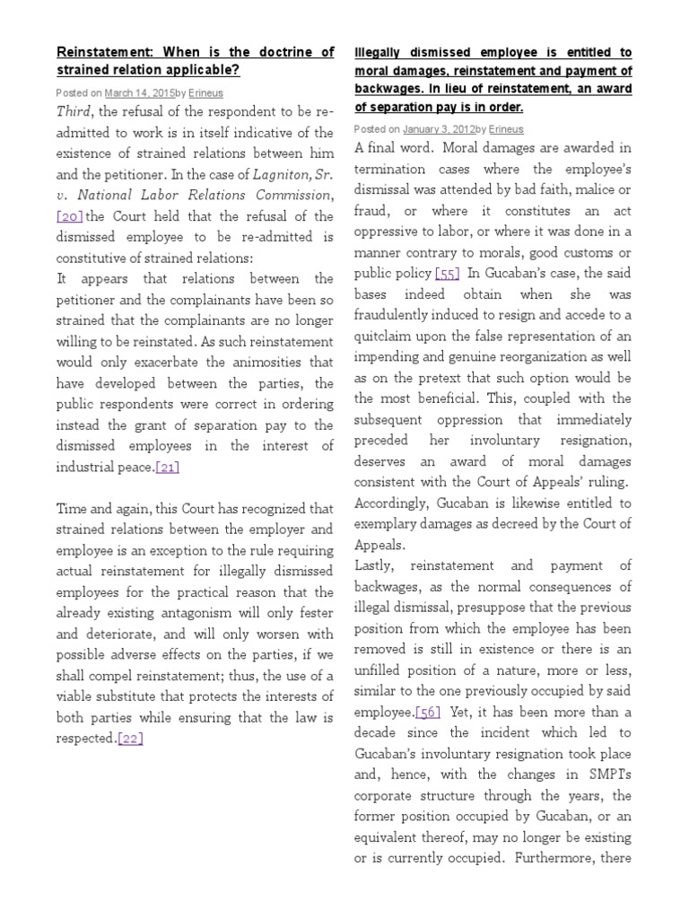 Labor Law Reinstatement PDF United States Labor Law Employment