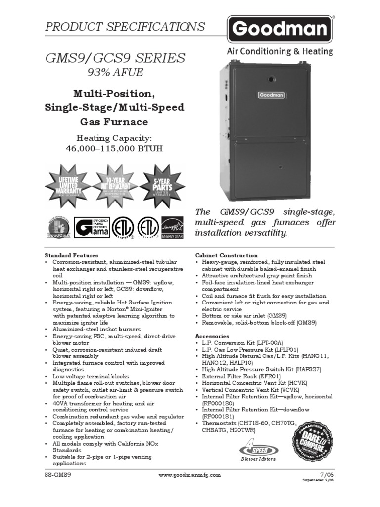 Goodman Gms9 Specs | Furnace | Pipe (Fluid Conveyance)