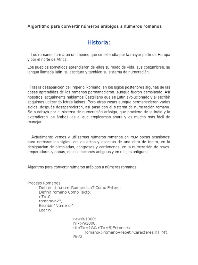 Traduccion De Numeros Romanos A Arabigos Algortitmo para Convertir Números Arábigos A Números Romanos | PDF | latín  | imperio Romano