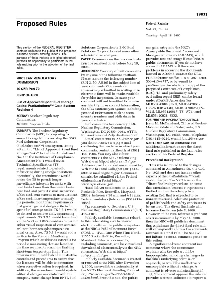 Proposed Rule Spent Nuclear Fuel and HighLevel Radioactive Waste