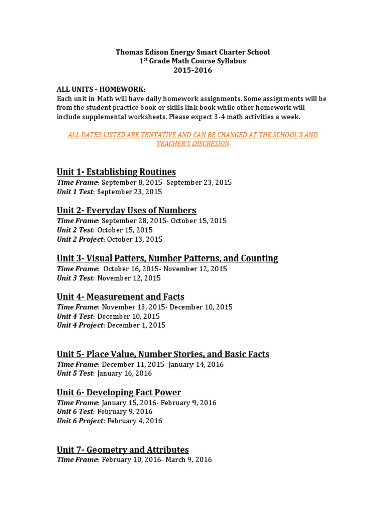 1st Grade Math Syllabus 2015-2016 | PDF