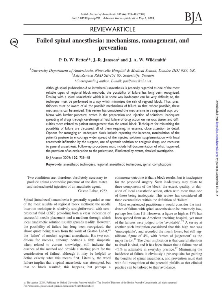 Failed Spinal Anaesthesia | PDF | Anesthesia | Cerebrospinal Fluid