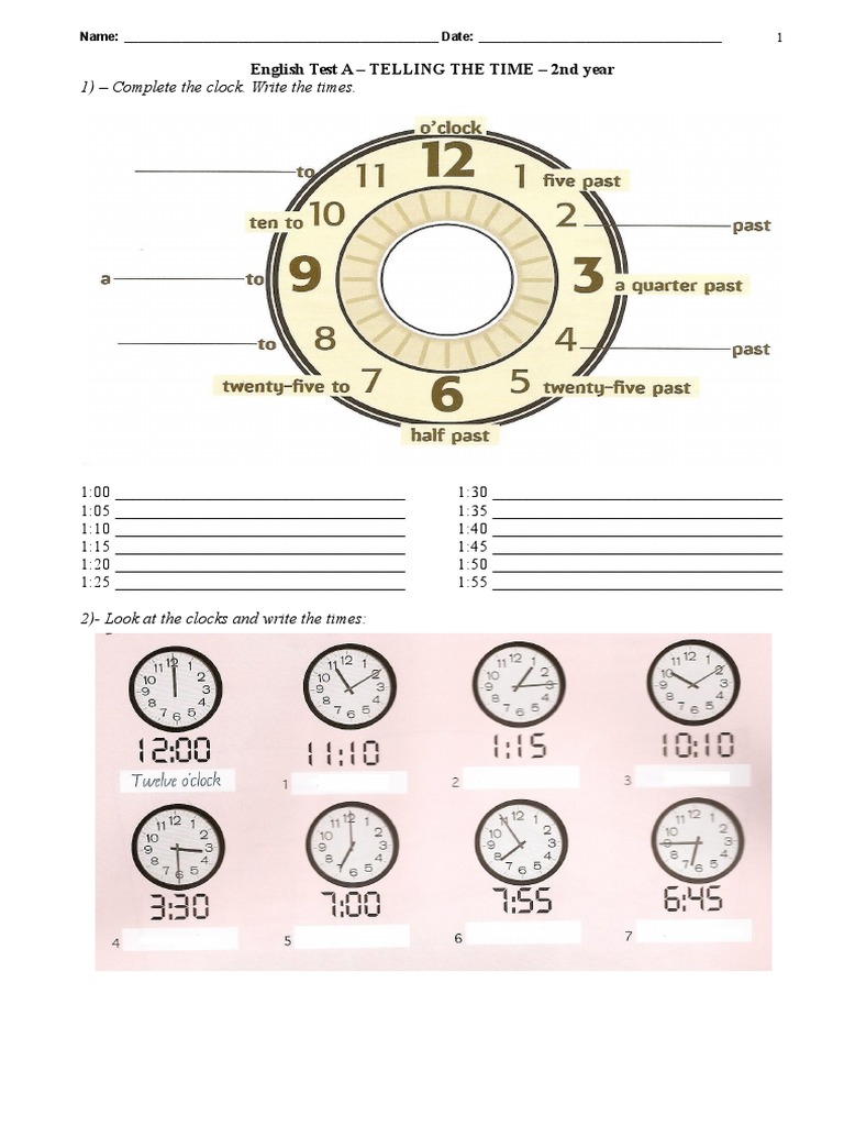 1) - Complete The Clock. Write The Times.: English Test A - TELLING THE ...