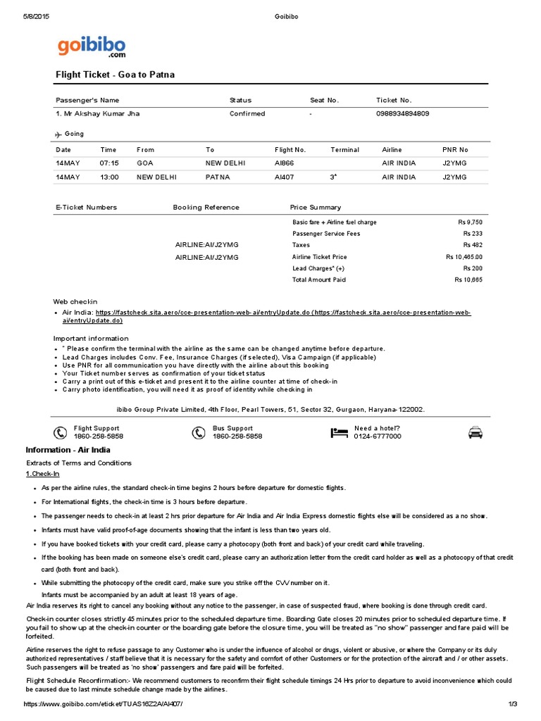 Goibibo Airlines Ticket (Admission)