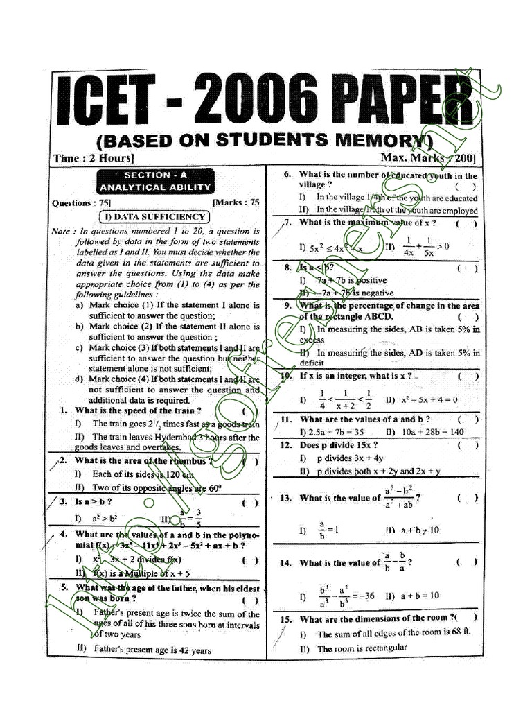 ICET 2006 Exam Question Paper and Answer Key Download