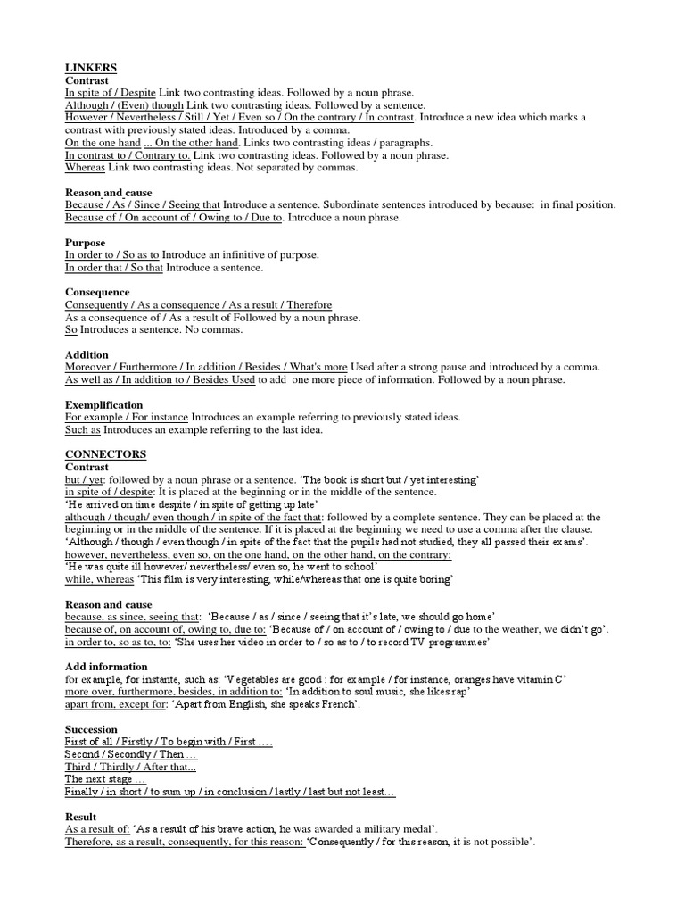 English Linkers and Connectors Guide | PDF | Phrase | English Language