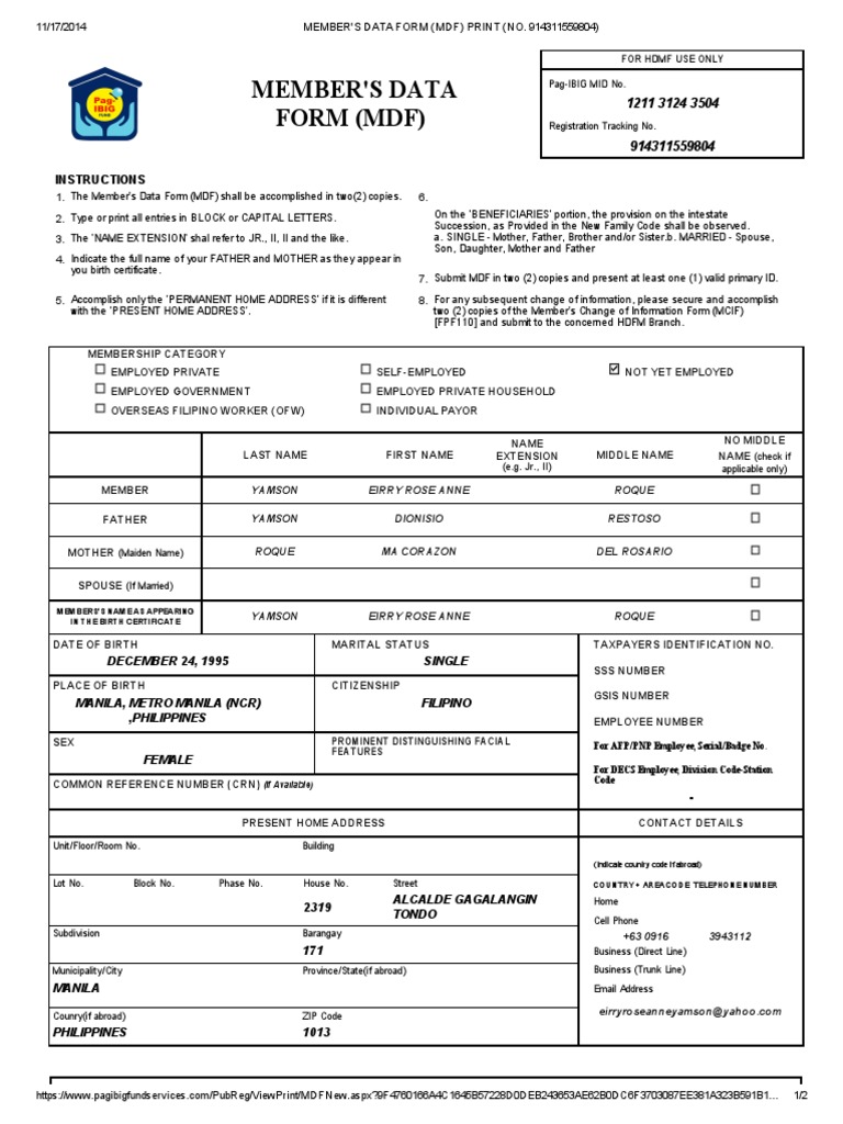 Member's Data Form (Mdf) | Address (Geography) | Metro Manila
