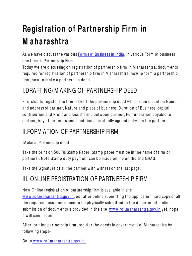 Partnership Firm Registration in Maharashtra | PDF | Partnership ...