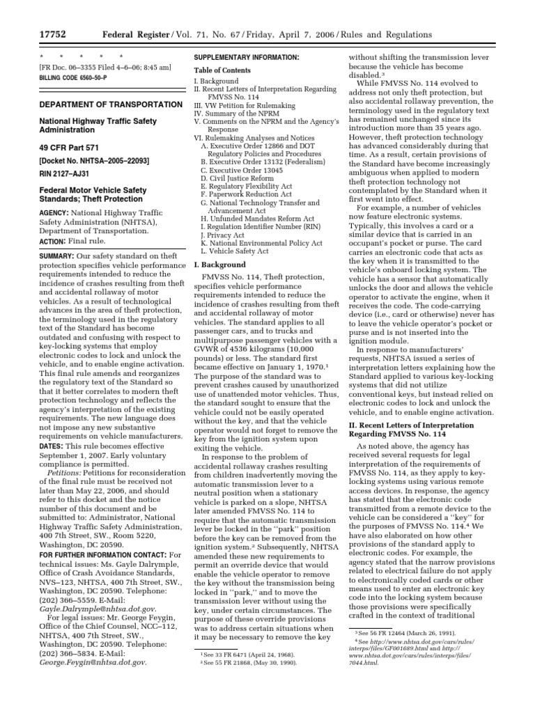 Rule Motor Vehicle Safety Standards Theft Protection and Rollaway