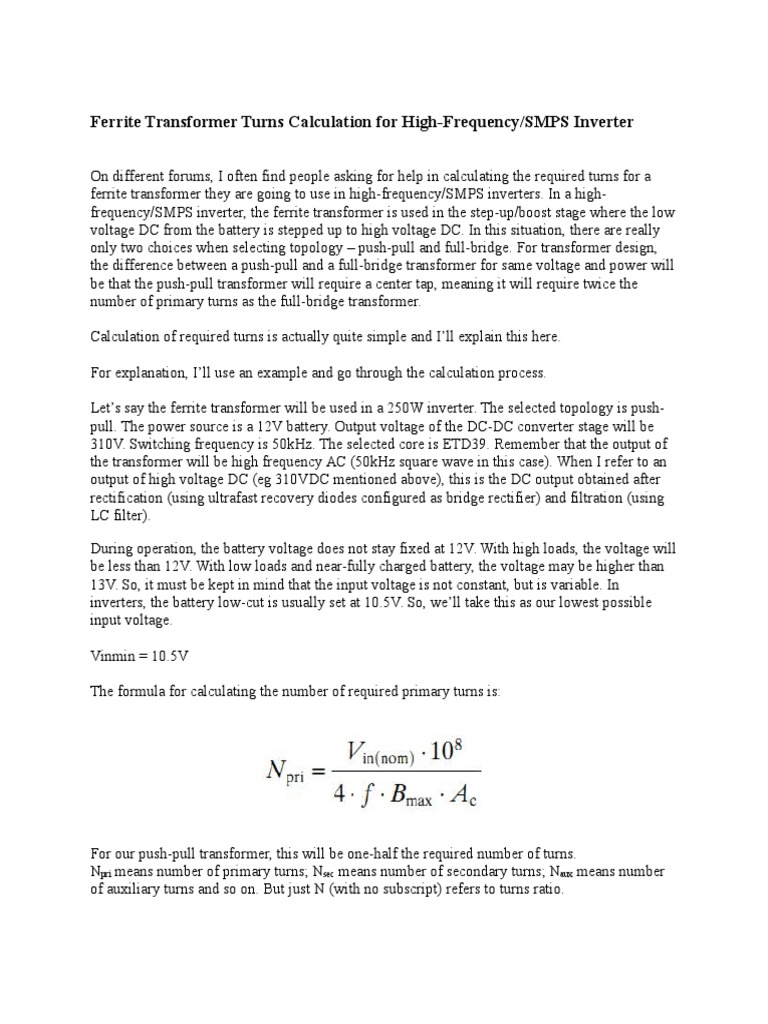 Ferrite Transformer Turns Calculation For High PDF Power Inverter