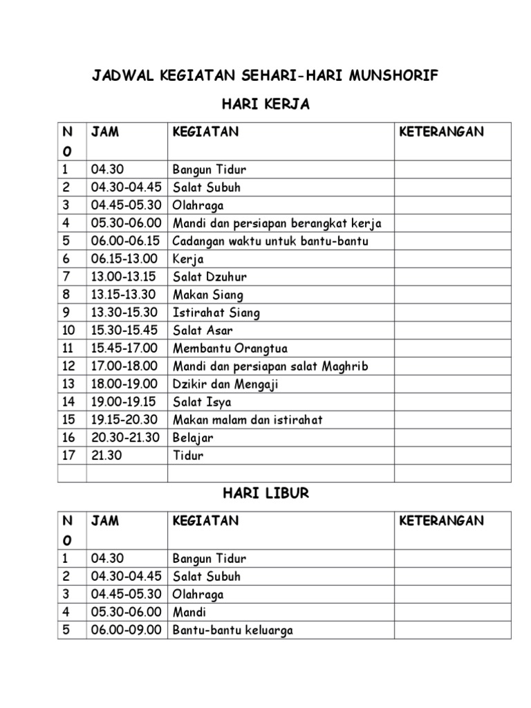 Jadwal kegiatan sehari