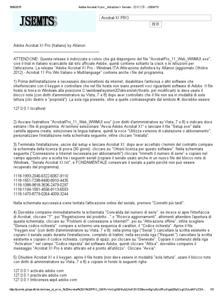 Adobe Acrobat XI pro - Istruzioni + Seriale - 搜尋引擎 - JSEMTS | PDF