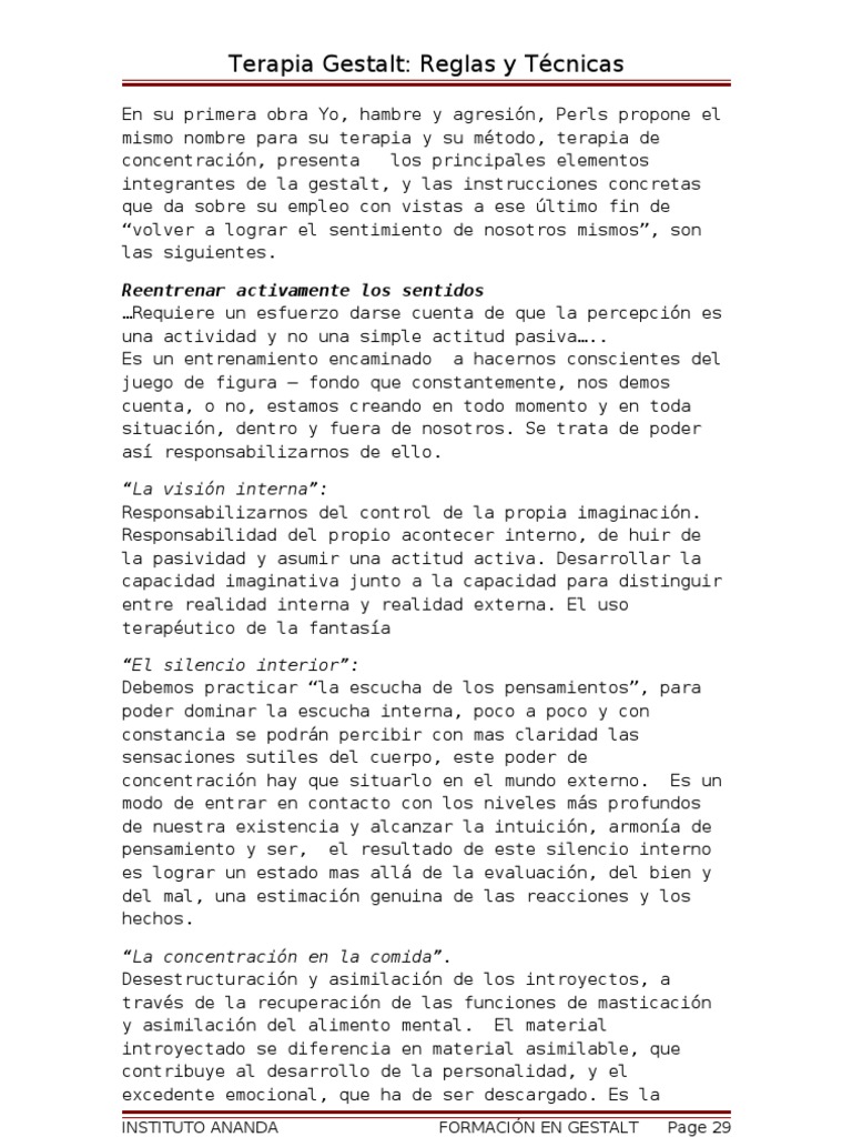 Técnicas y Reglas de Terapia Gestalt | PDF | Terapia Gestalt | Las ...