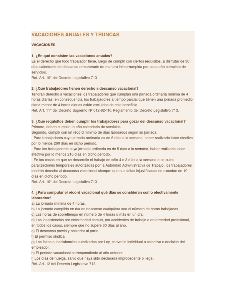 Vacaciones Anuales y Truncas | PDF | Vacaciones | Salario