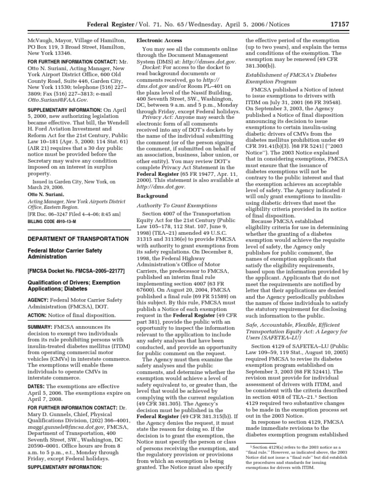 Notice Motor Carrier Safety Standards Driver Qualifications Diabetes