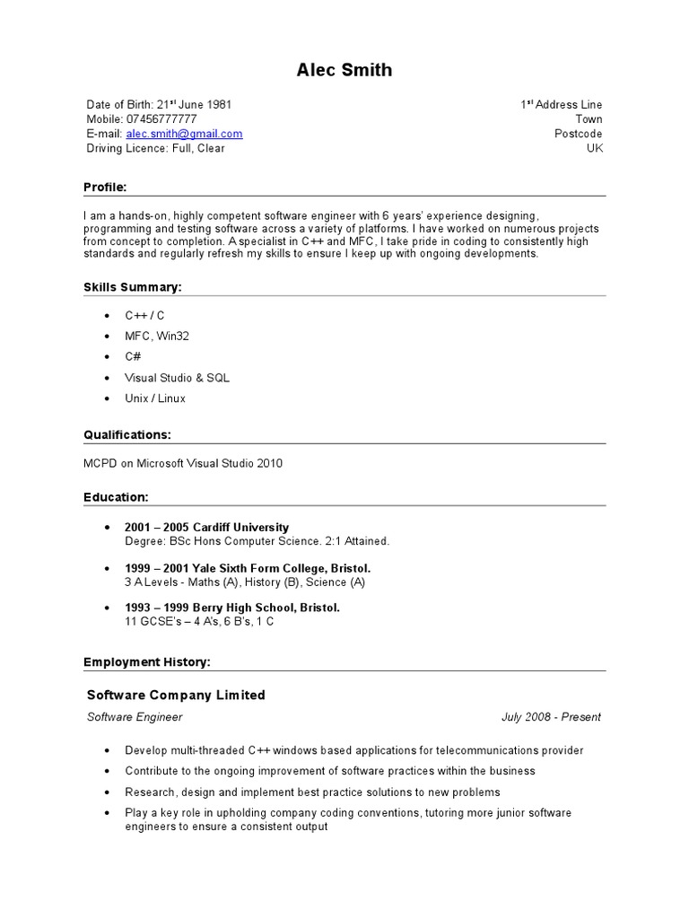 Software Engineer CV Template | PDF