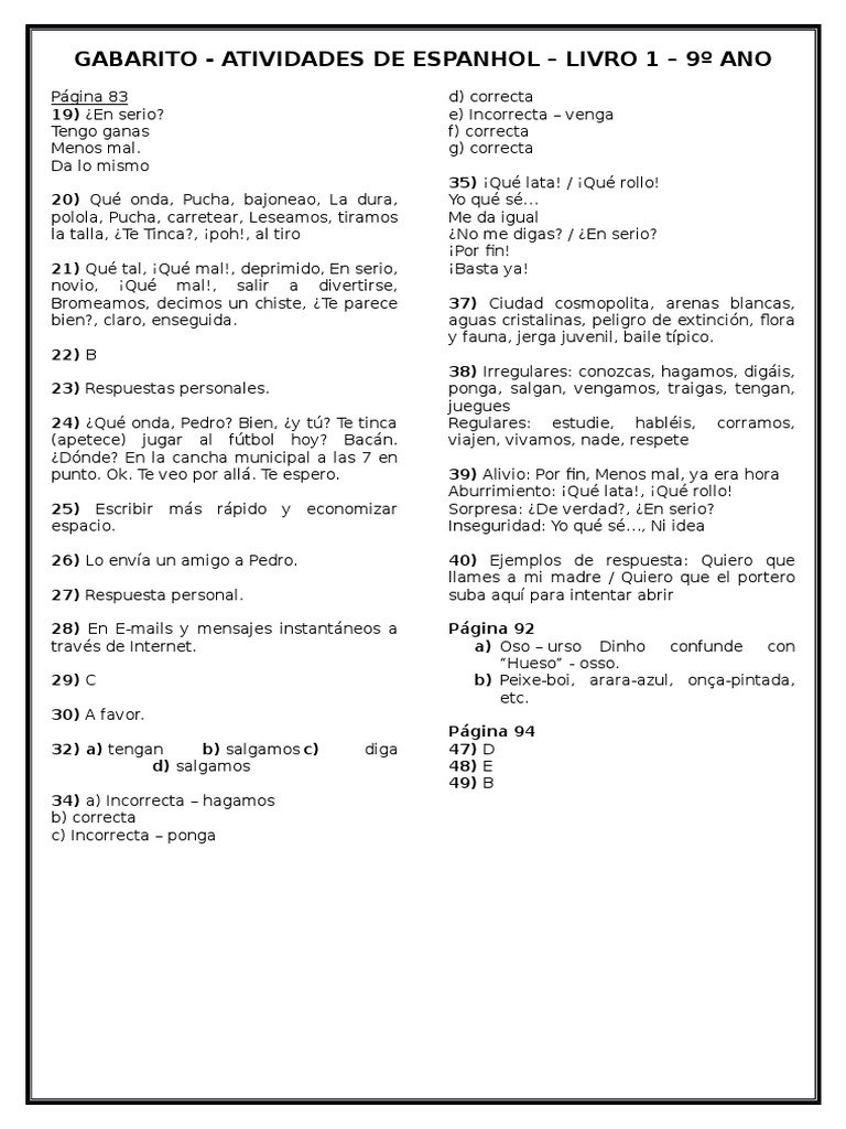 Gabarito Atividades de Espanhol (9 Ano Cap 4) | PDF
