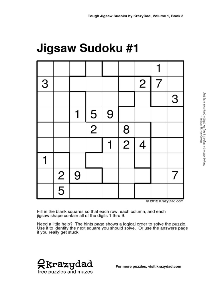 Tough Jigsaw Sudoku by Krazydad, Volume 1, Book 8 PDF Computational