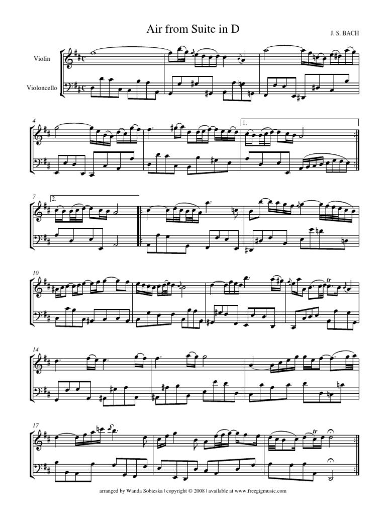 Bach Air on G String (Violin/Cello) Cello Musical Compositions