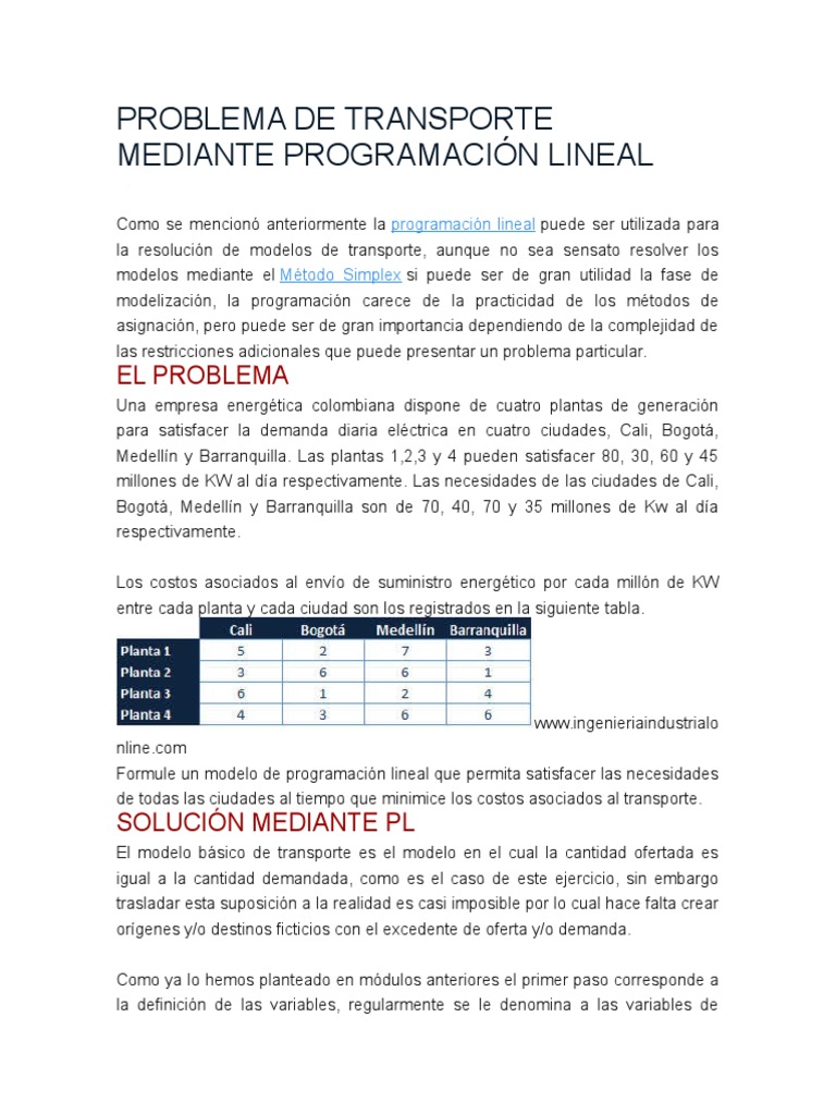 Modelo de Transporte en Programación Lineal | PDF | Programación lineal ...