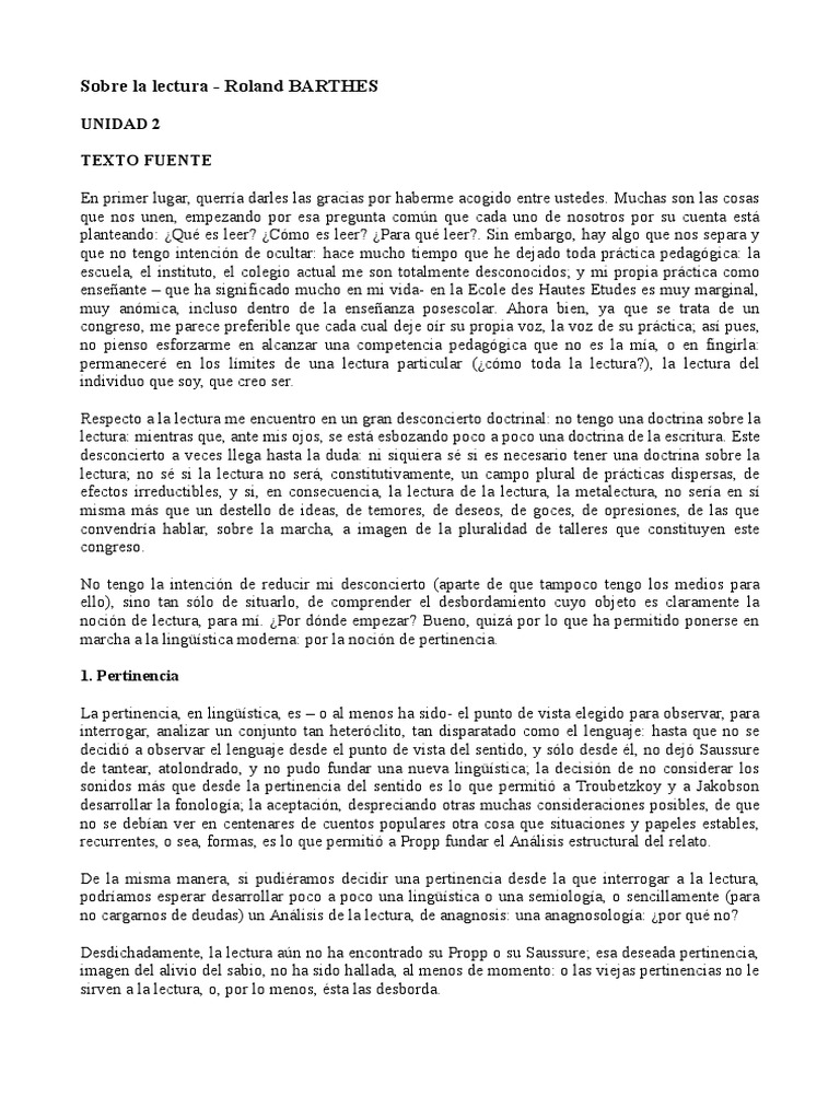 Sobre La Lectura, Roland Barthes | PDF | Lectura (proceso) | Lingüística