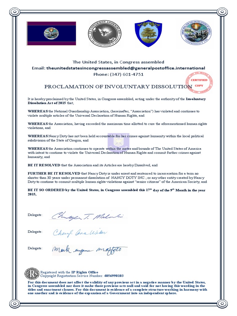 Proclamation Of Involuntary Dissolution The United States Government