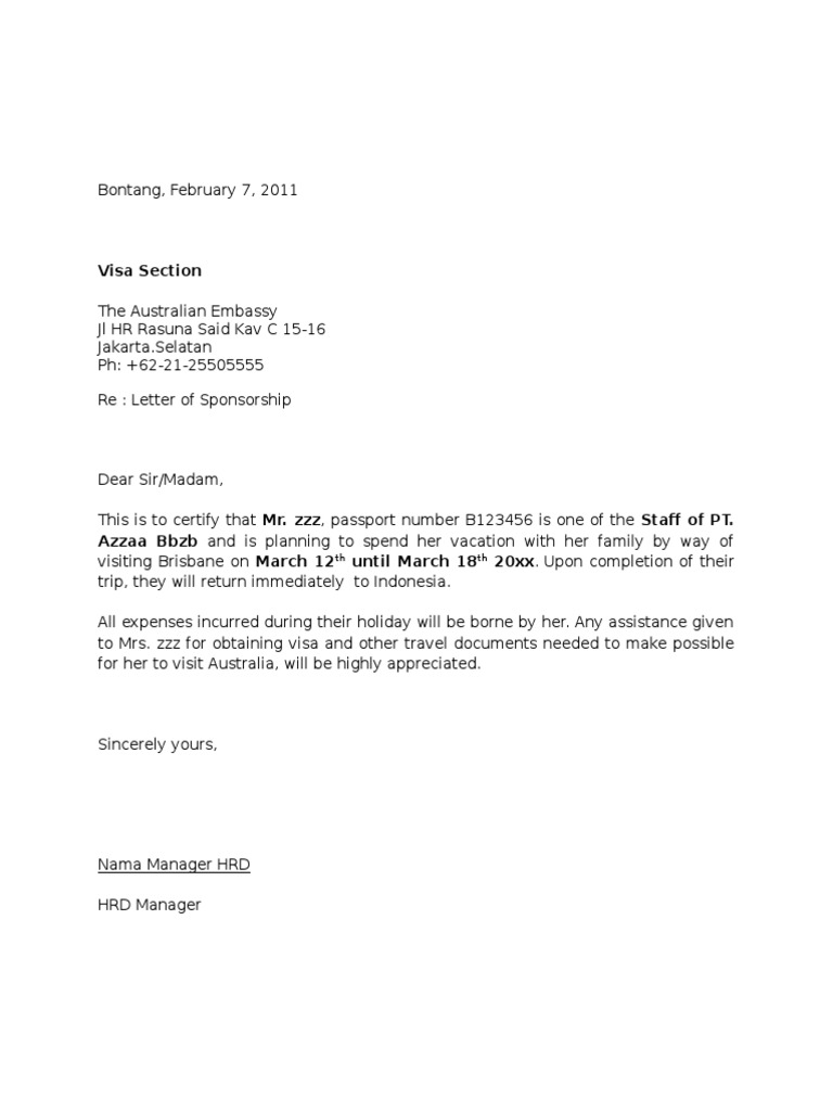 Contoh Surat Sponsor Untuk Visa Turis Australia