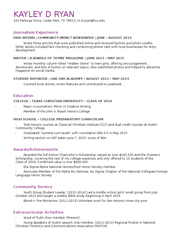 Kayley D. Ryan's Journalism Resume | PDF | Wellness