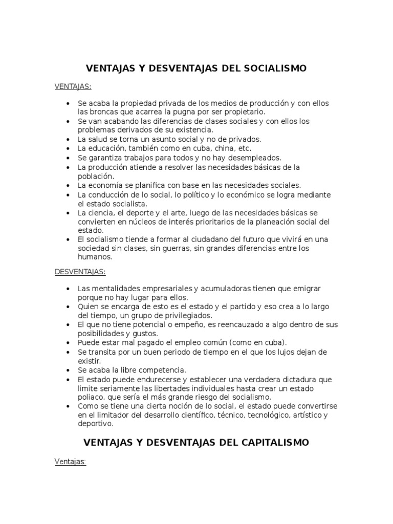 Ventajas y Desventajas Del Socialismo y Capitalismo