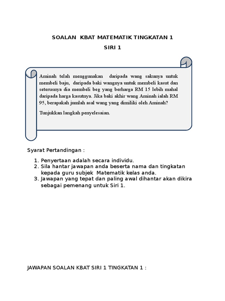 Soalan Kbat Matematik Tingkatan 1