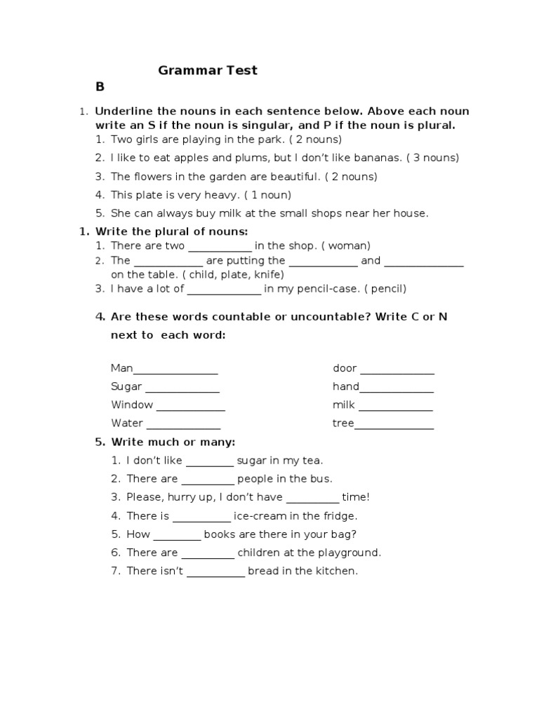 Grammar Test: Nouns and Quantifiers | PDF