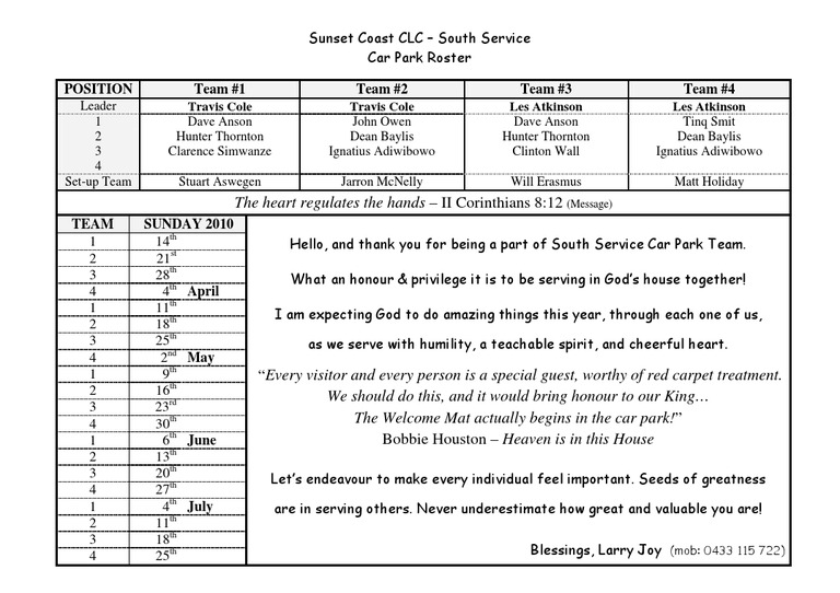 Sunset South Car Park Roster | PDF
