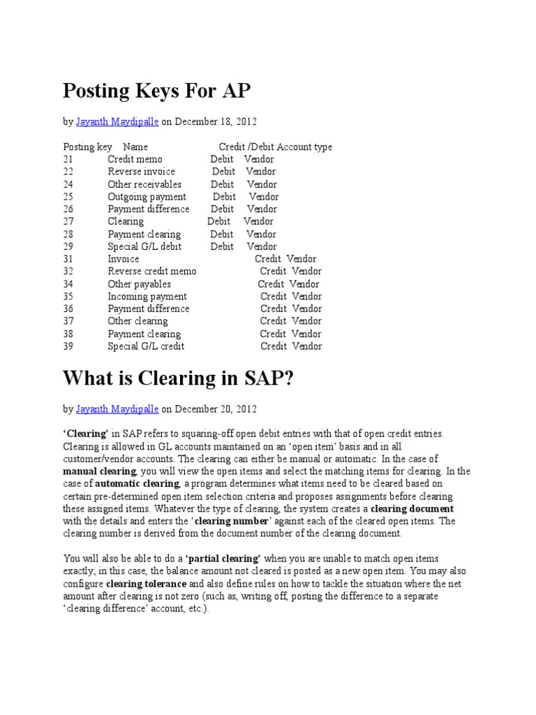 Posting Keys For AP: Jayanth Maydipalle | Download Free PDF | Debits ...