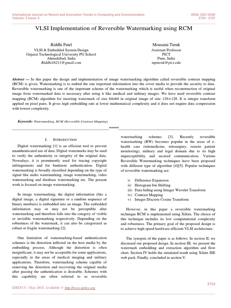 VLSI Implementation of Reversible Watermarking Using RCM | PDF | Areas ...