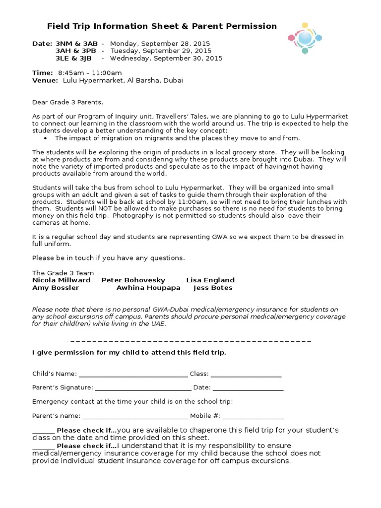 Field Trip Information Sheet & Parent Permission