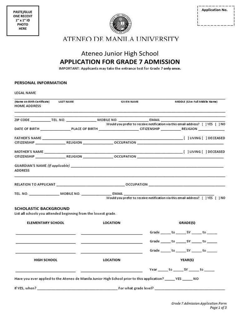 Grade 7 Admission Application Form | PDF | Secondary School ...
