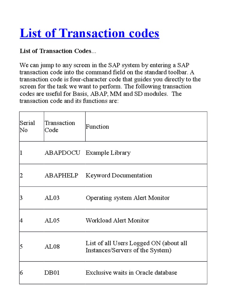 List of Transaction Codes.. PDF Software Information Technology