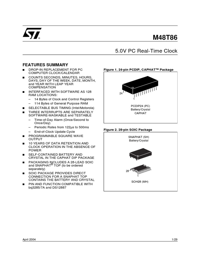 ST M48T86 Real Time Clock IC Datasheet | PDF | Binary Coded Decimal ...