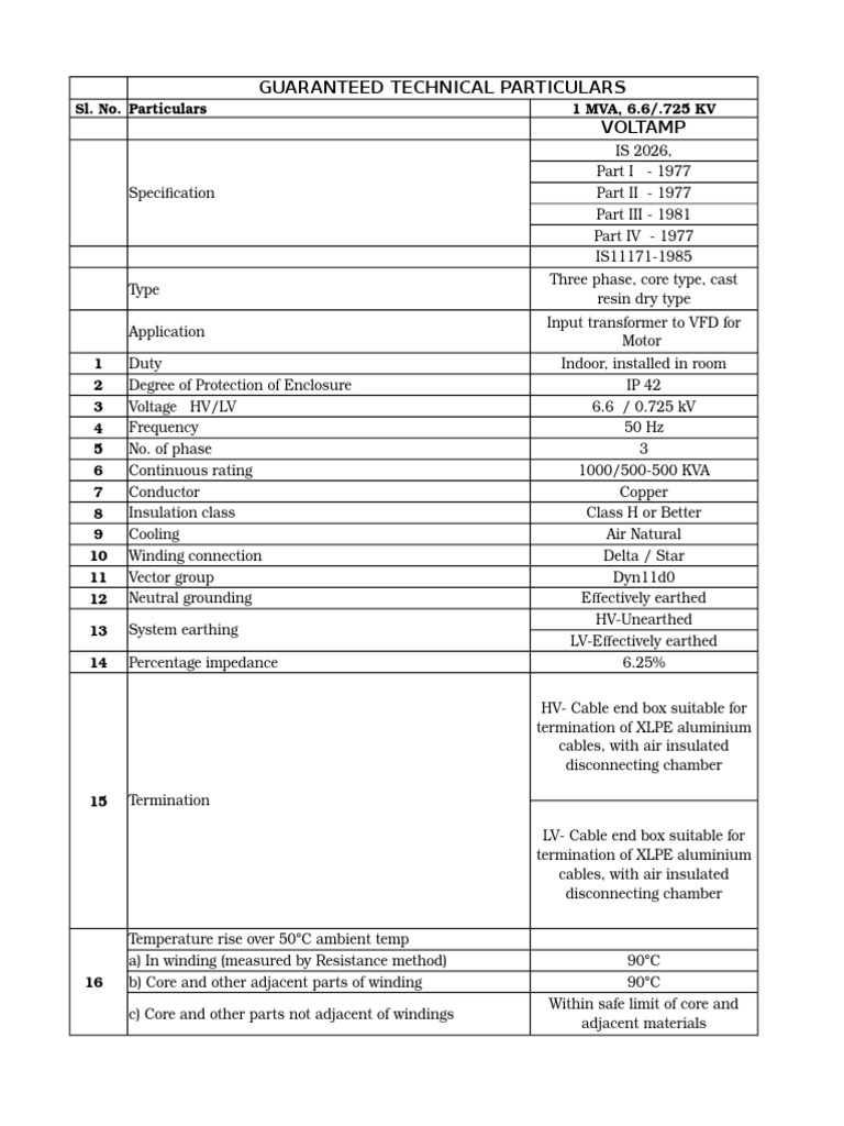 1 MVA TRANSFORMER Technical Sheet Kirloskar PDF Transformer